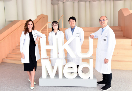 A research team from HKUMed establishes the positive clinical impact of the Multidisciplinary Molecular Tumour Board among patients with advanced solid cancer in the era of Precision Cancer Medicine. The research team members include: (from left) Dr Aya El Helali, Elaine Ko Yee-ling, Dr David Shih Jen Hao and Dr Jason Wong Wing-hon.